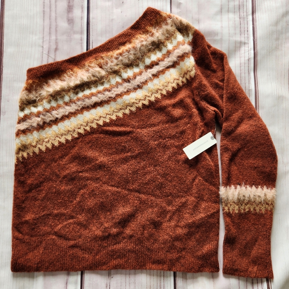 NWT Anthropologie "Vittoria Fair Isle" One Shoulder Sweater Wool Alpaca Blend XL - Picture 4 of 12